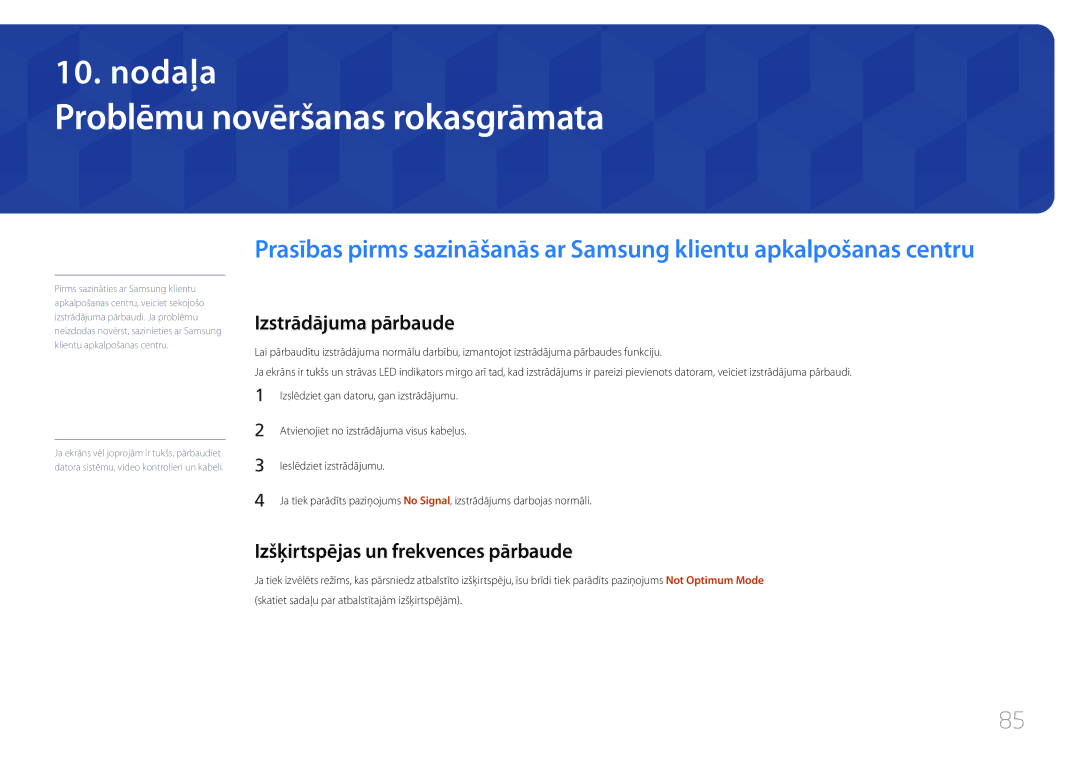 Samsung LH40EDDPLGC/EN manual Problēmu novēršanas rokasgrāmata, Izstrādājuma pārbaude, Izšķirtspējas un frekvences pārbaude 