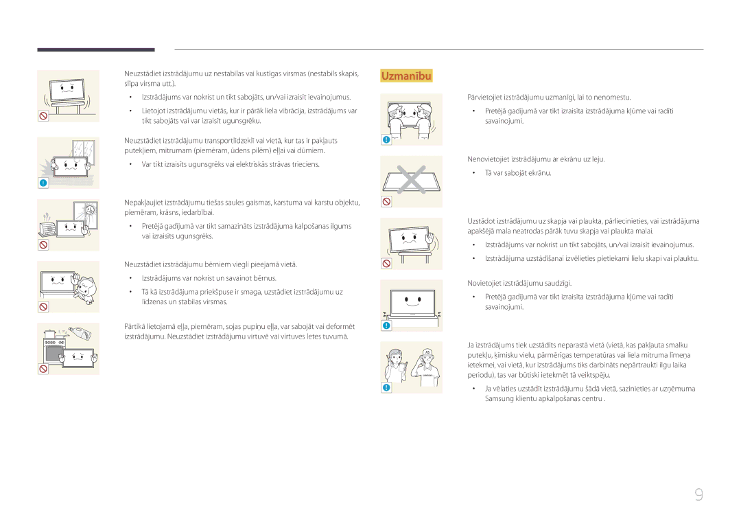 Samsung LH32EDDPLGC/EN manual Slīpa virsma utt, Tikt sabojāts vai var izraisīt ugunsgrēku, Piemēram, krāsns, iedarbībai 