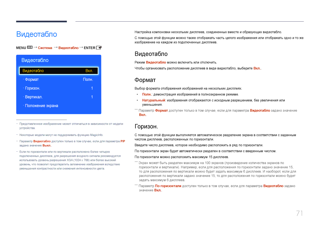 Samsung LH55EDDPLGC/EN, LH40EDDPLGC/EN, LH46EDDPLGC/EN, LH40EDCPLBC/EN, LH32EDDPLGC/EN manual Видеотабло, Формат, Горизон 