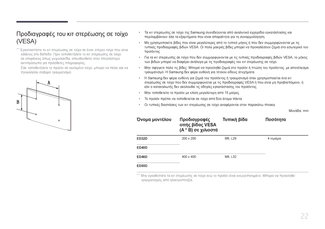 Samsung LH46EDDPLGC/EN, LH40EDDPLGC/EN, LH55EDDPLGC/EN, LH40EDCPLBC/EN manual Προδιαγραφές του κιτ στερέωσης σε τοίχο Vesa 