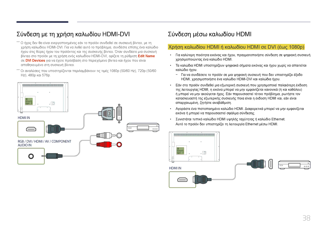 Samsung LH46EDDPLGC/EN, LH40EDDPLGC/EN Σύνδεση μέσω καλωδίου Hdmi, Χρήση καλωδίου Hdmi ή καλωδίου Hdmi σε DVI έως 1080p 