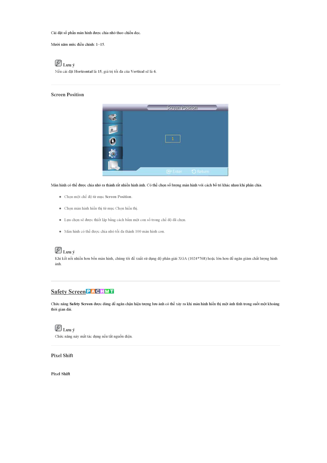 Samsung LH46GWPLBC/XS, LH40GWPLBC/XY, LH46GWSLBC/XY, LH46GWPLBC/XY manual Safety Screen, Screen Position, Pixel Shift 