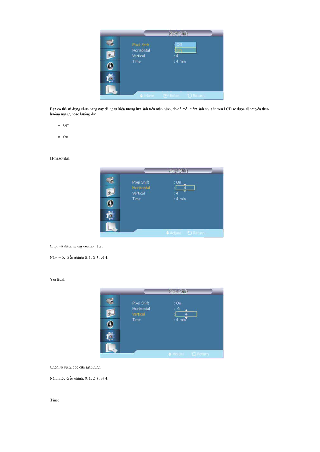 Samsung LH40GWPLBC/XY, LH46GWSLBC/XY, LH46GWPLBC/XY, LH46GWPLBC/XS manual Horizontal, Vertical, Time 