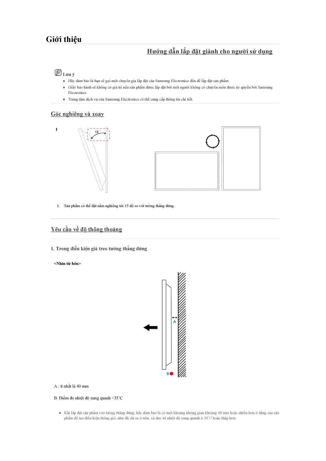 Samsung LH40GWPLBC/XY manual Hướng dẫn lắp đặt giành cho người sử dụng, Góc nghiêng và xoay, Yêu cầu về độ thông thoáng 