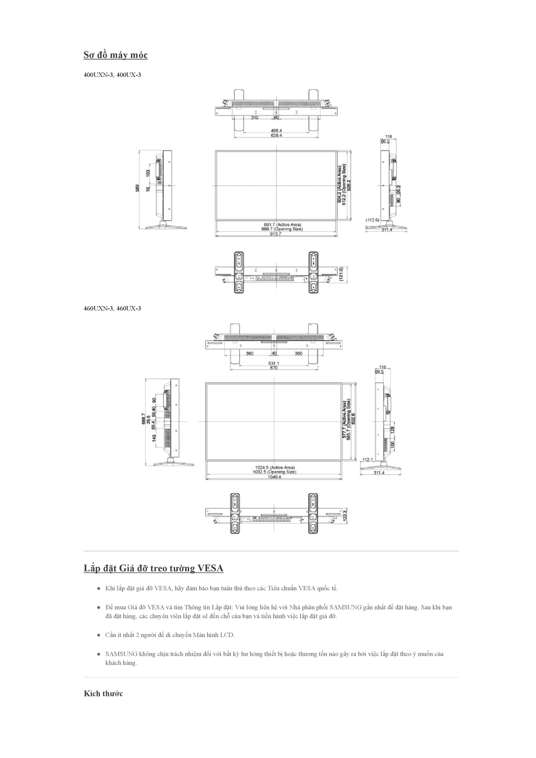 Samsung LH46GWPLBC/XY, LH40GWPLBC/XY, LH46GWSLBC/XY, LH46GWPLBC/XS Sơ đồ máy móc, Lắp đặt Giá đỡ treo tường Vesa, Kích thước 