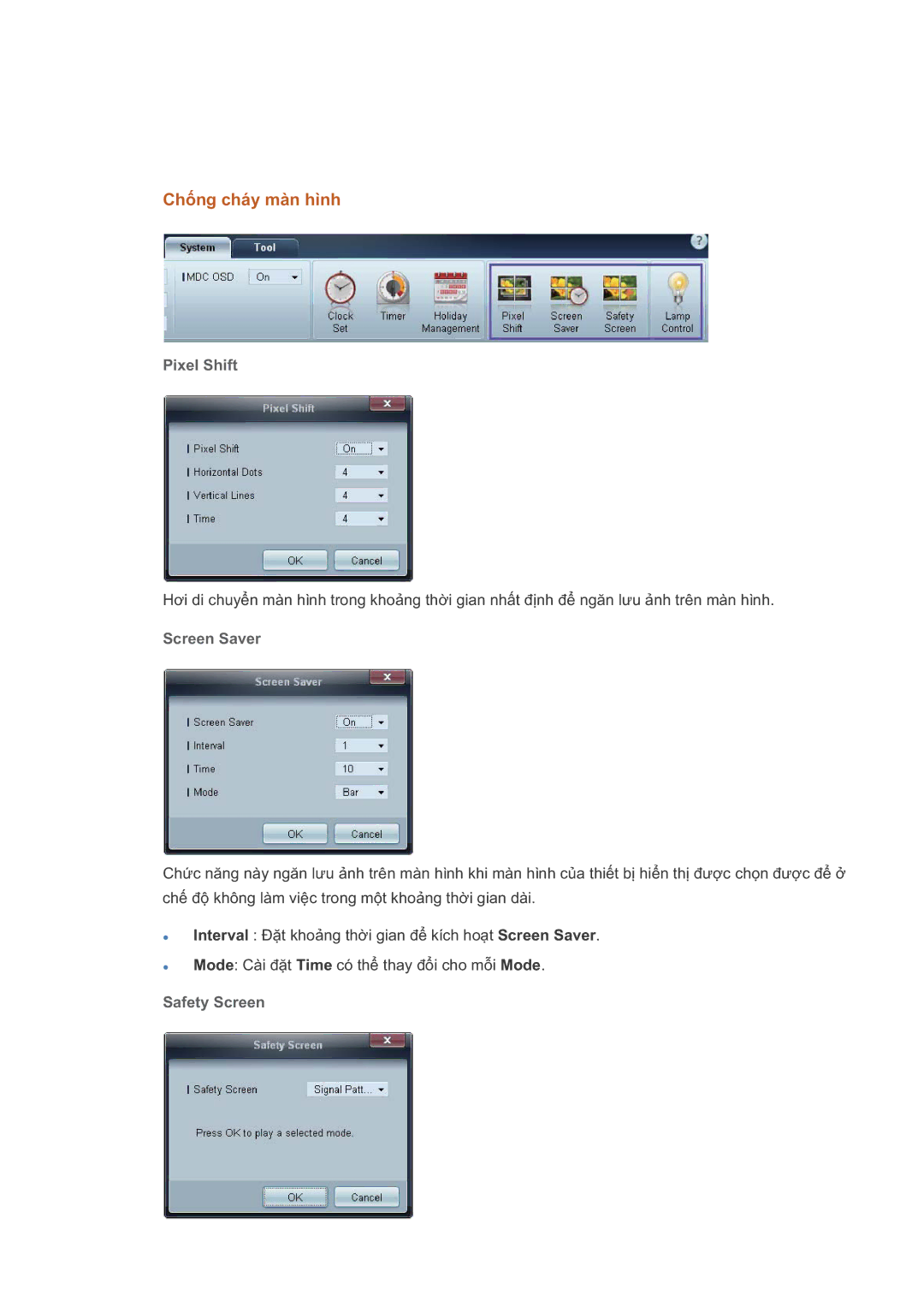 Samsung LH46GWPLBC/XS, LH40GWPLBC/XY, LH46GWSLBC/XY, LH46GWPLBC/XY manual Chng cháy màn hình, Screen Saver 