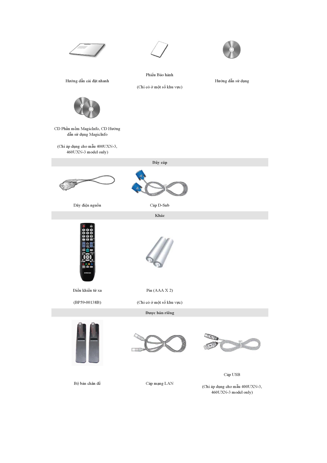 Samsung LH46GWPLBC/XS, LH40GWPLBC/XY, LH46GWSLBC/XY, LH46GWPLBC/XY manual Dây cáp, Khác, Được bán riêng 