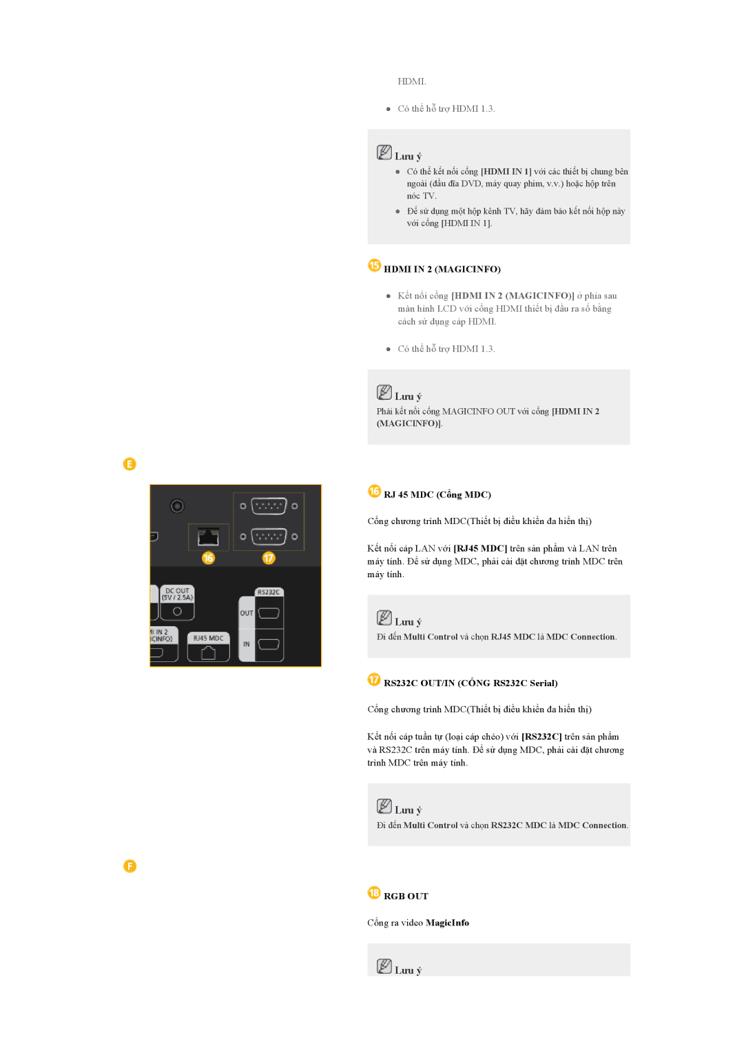 Samsung LH40GWPLBC/XY, LH46GWSLBC/XY Hdmi in 2 Magicinfo, Đi đến Multi Control và chọn RJ45 MDC là MDC Connection, Rgb Out 