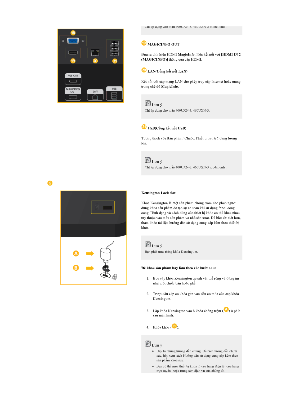 Samsung LH46GWSLBC/XY, LH40GWPLBC/XY manual Magicinfo OUT, LANCổng kết nối LAN, USBCổng kết nối USB, Kensington Lock slot 