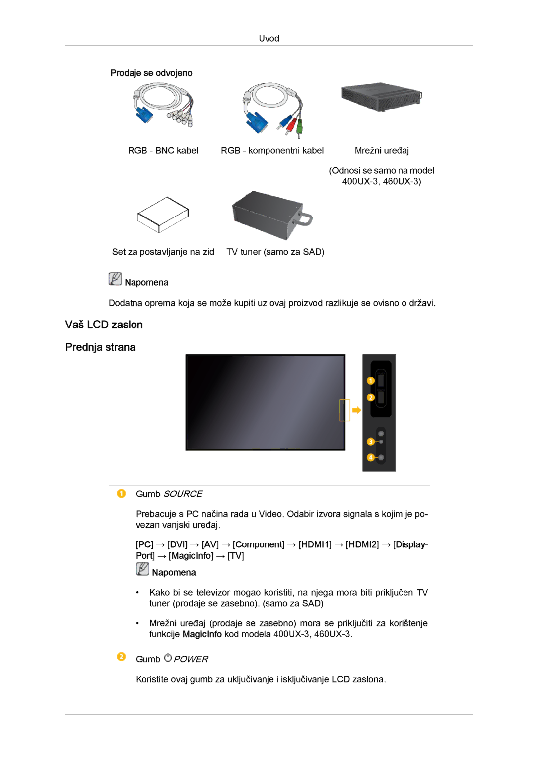 Samsung LH40GWPLBC/EN, LH40GWSLBC/EN, LH46GWPLBC/EN manual Vaš LCD zaslon Prednja strana, Gumb Source 