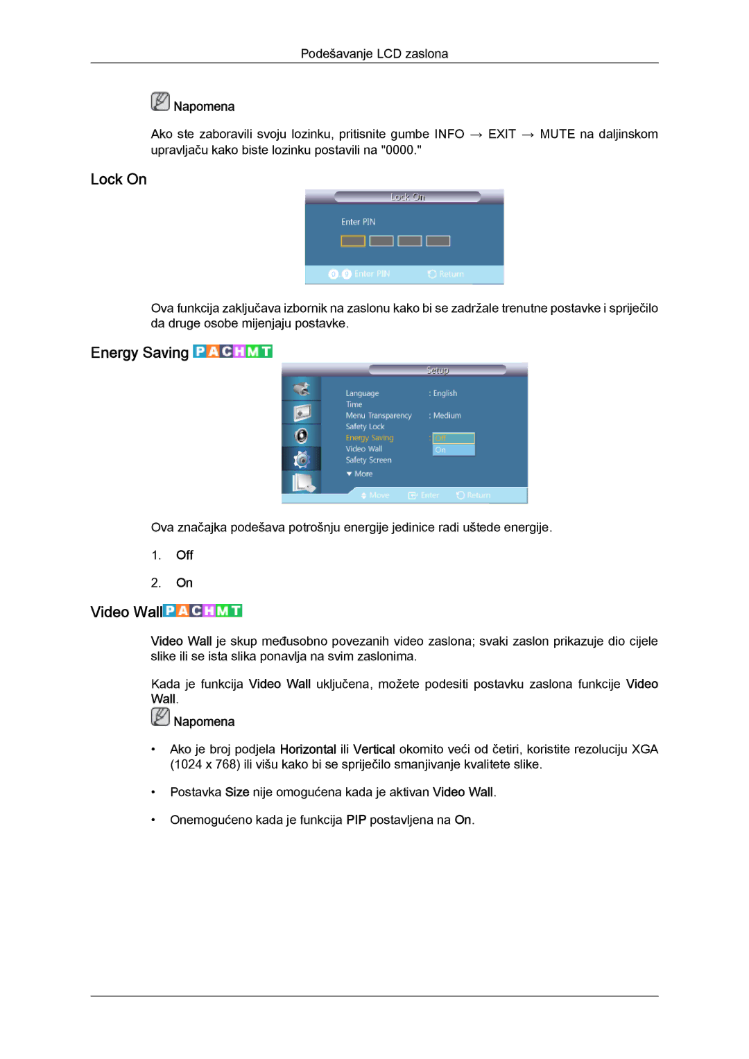 Samsung LH40GWSLBC/EN, LH46GWPLBC/EN, LH40GWPLBC/EN manual Lock On, Energy Saving, Video Wall 