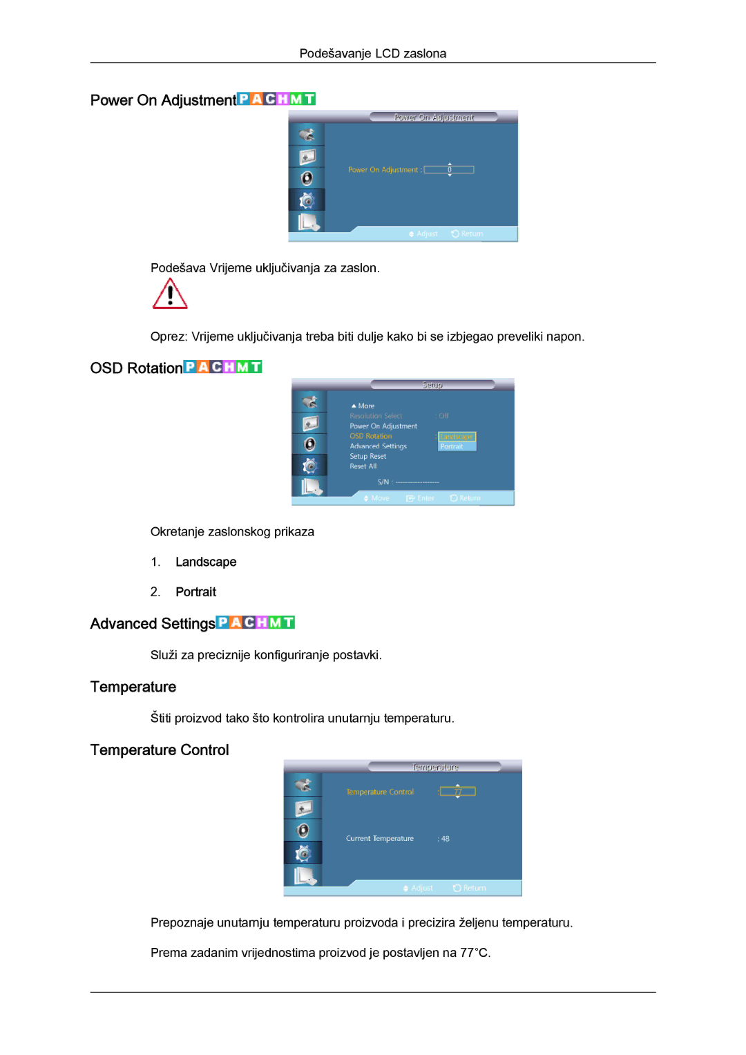 Samsung LH46GWPLBC/EN, LH40GWSLBC/EN manual Power On Adjustment, OSD Rotation, Advanced Settings, Temperature Control 