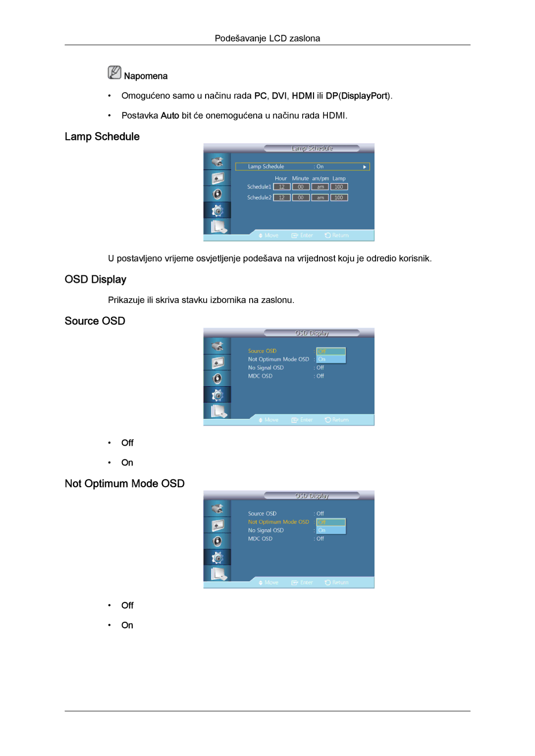 Samsung LH46GWPLBC/EN, LH40GWSLBC/EN, LH40GWPLBC/EN manual Lamp Schedule, OSD Display, Source OSD, Not Optimum Mode OSD 