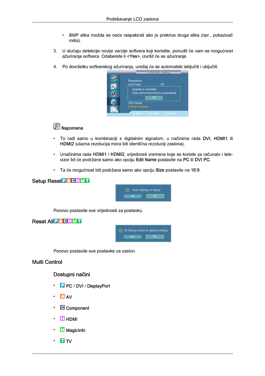 Samsung LH40GWSLBC/EN, LH46GWPLBC/EN, LH40GWPLBC/EN manual Setup Reset, Reset All, Multi Control Dostupni načini, MagicInfo 