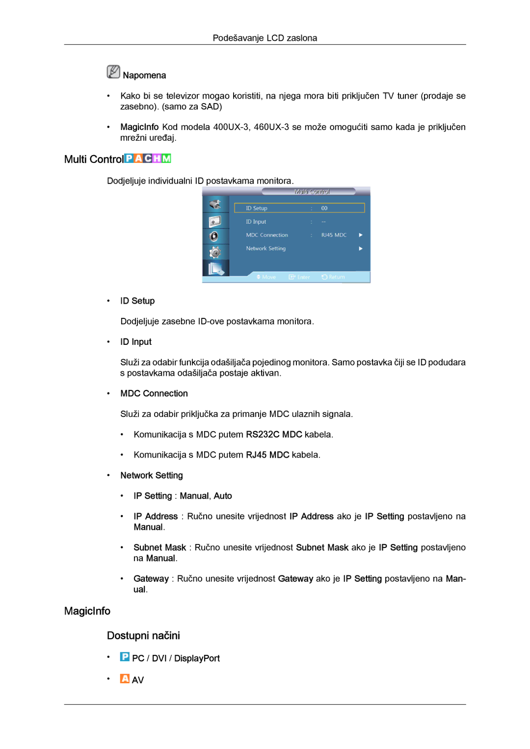 Samsung LH46GWPLBC/EN, LH40GWSLBC/EN, LH40GWPLBC/EN manual Multi Control, MagicInfo Dostupni načini 