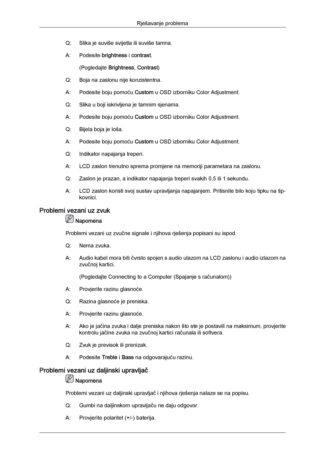 Samsung LH40GWSLBC/EN, LH46GWPLBC/EN, LH40GWPLBC/EN manual Problemi vezani uz zvuk, Problemi vezani uz daljinski upravljač 