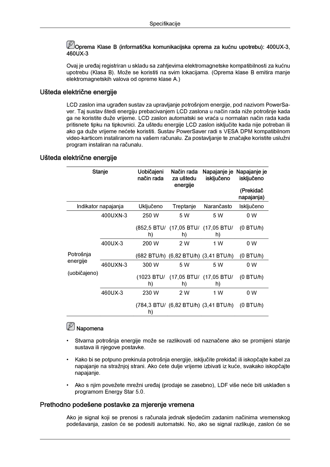 Samsung LH40GWPLBC/EN, LH40GWSLBC/EN manual Ušteda električne energije, Prethodno podešene postavke za mjerenje vremena 