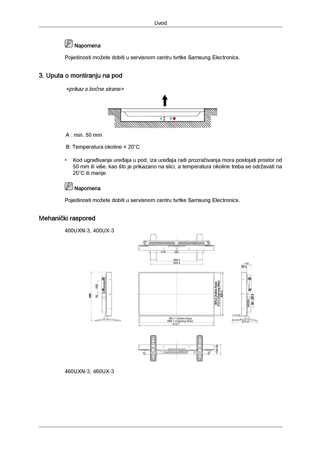 Samsung LH46GWPLBC/EN, LH40GWSLBC/EN, LH40GWPLBC/EN manual Uputa o montiranju na pod, Mehanički raspored 