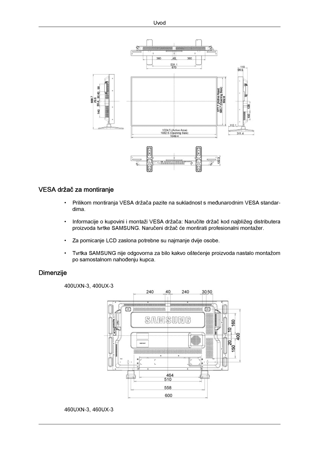 Samsung LH40GWPLBC/EN, LH40GWSLBC/EN, LH46GWPLBC/EN manual Vesa držač za montiranje, Dimenzije 