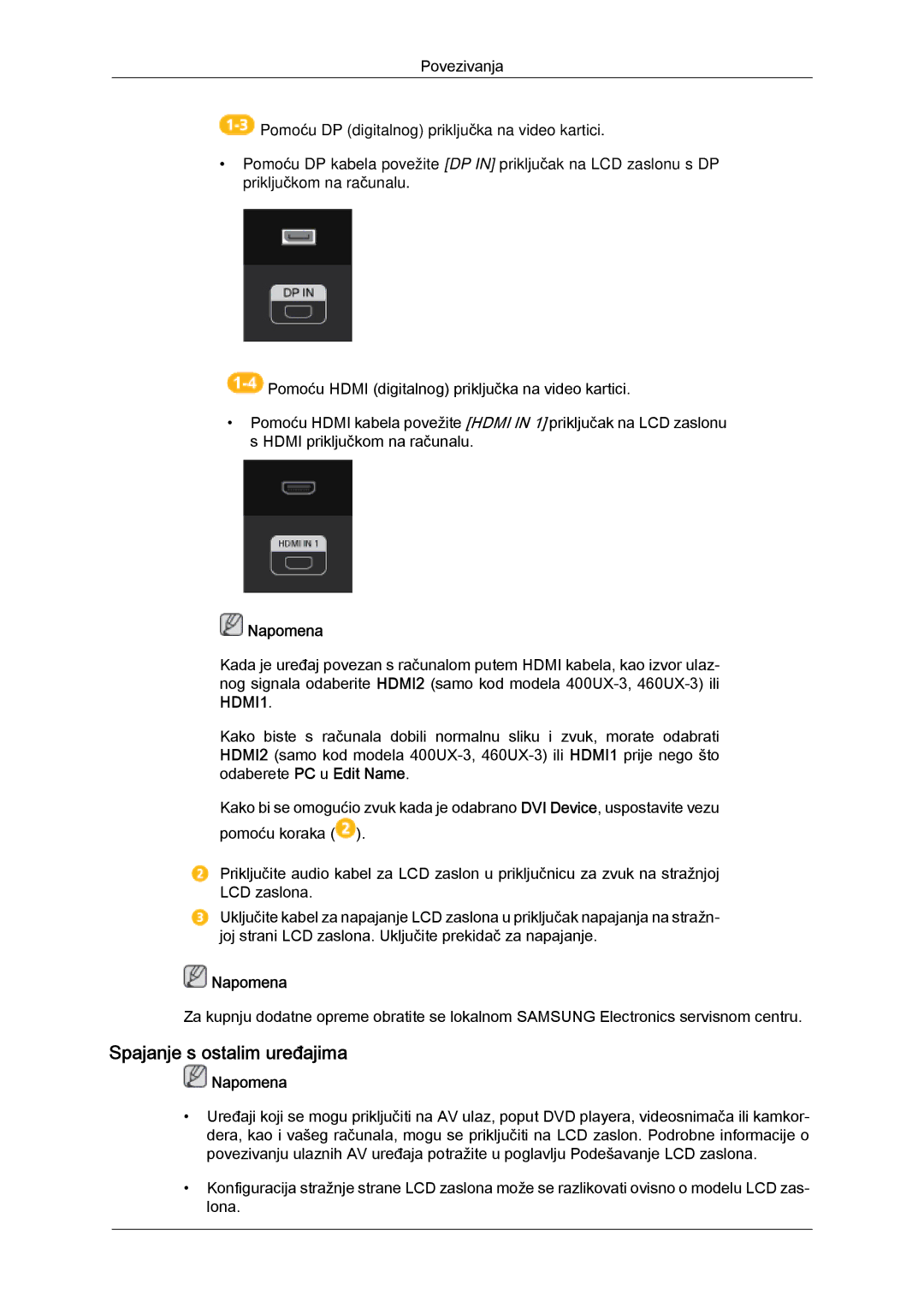 Samsung LH46GWPLBC/EN, LH40GWSLBC/EN, LH40GWPLBC/EN manual Spajanje s ostalim uređajima, Napomena 