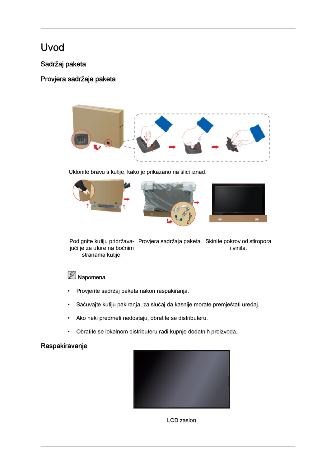 Samsung LH40GWSLBC/EN, LH46GWPLBC/EN, LH40GWPLBC/EN manual Sadržaj paketa Provjera sadržaja paketa, Raspakiravanje 