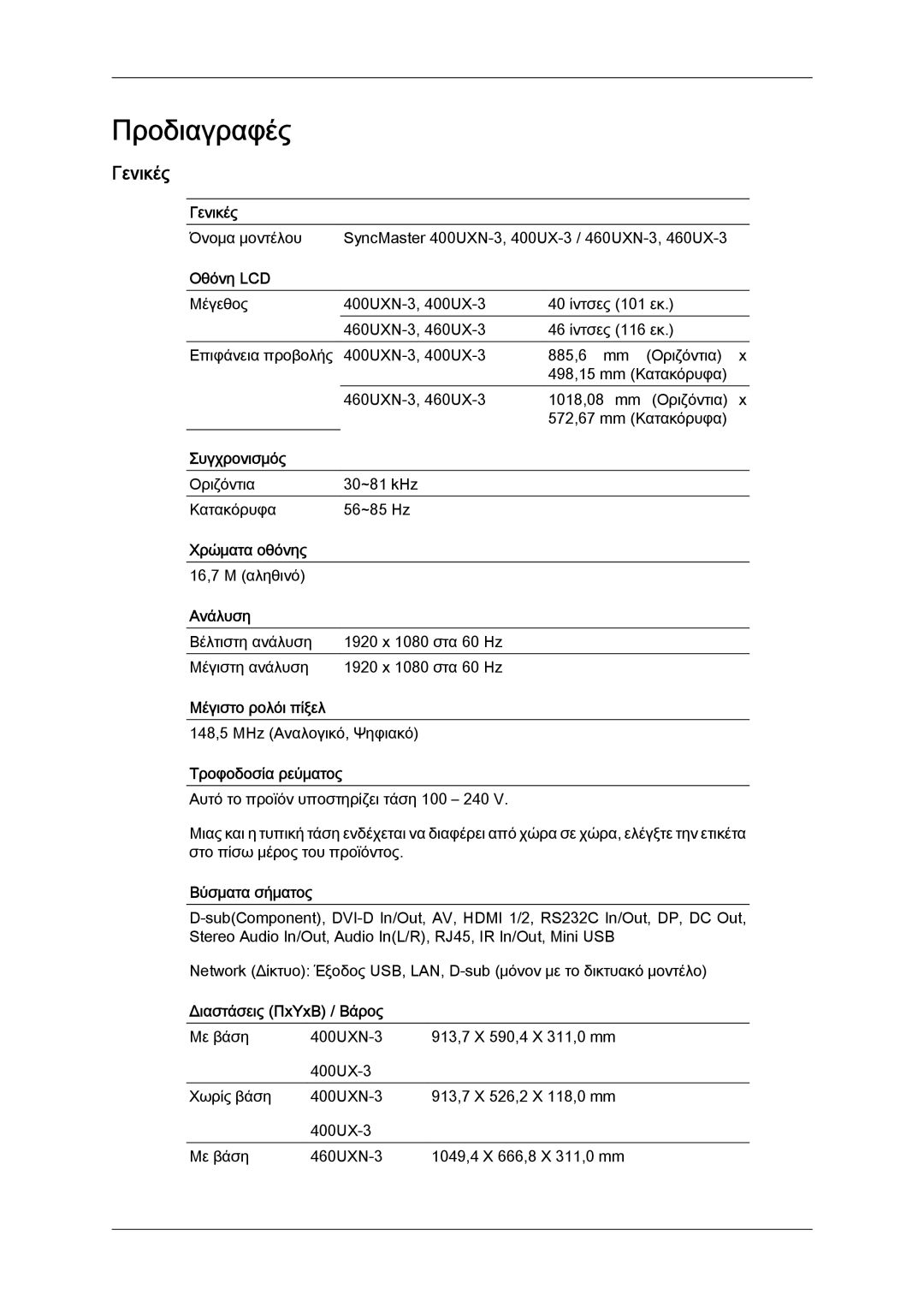 Samsung LH40GWTLBC/EN, LH40GWSLBC/EN, LH46GWPLBC/EN, LH40GWPLBC/EN, LH46GWSLBC/EN manual Γενικές 