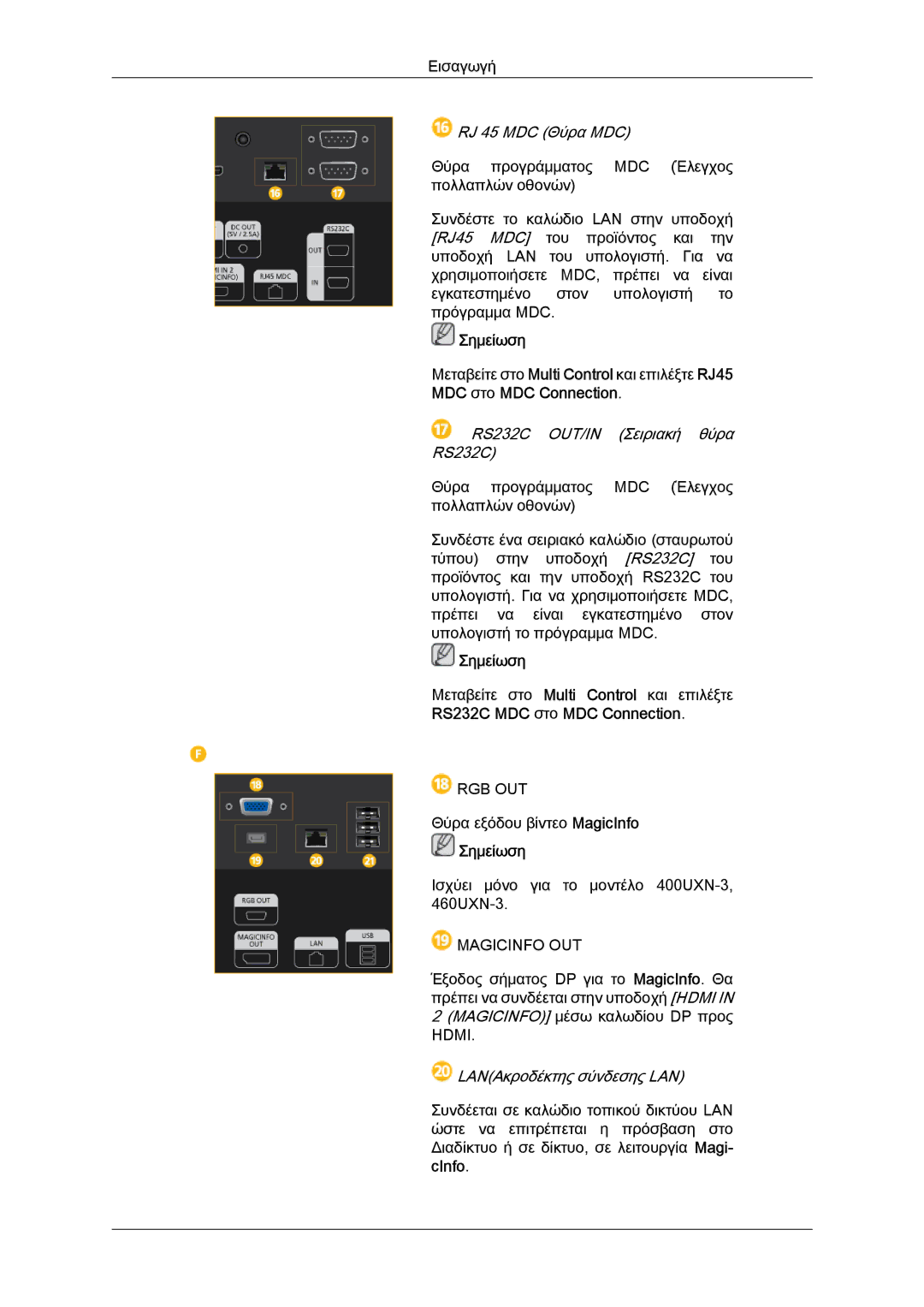 Samsung LH46GWPLBC/EN, LH40GWTLBC/EN, LH40GWSLBC/EN, LH40GWPLBC/EN, LH46GWSLBC/EN manual RJ 45 MDC Θύρα MDC 