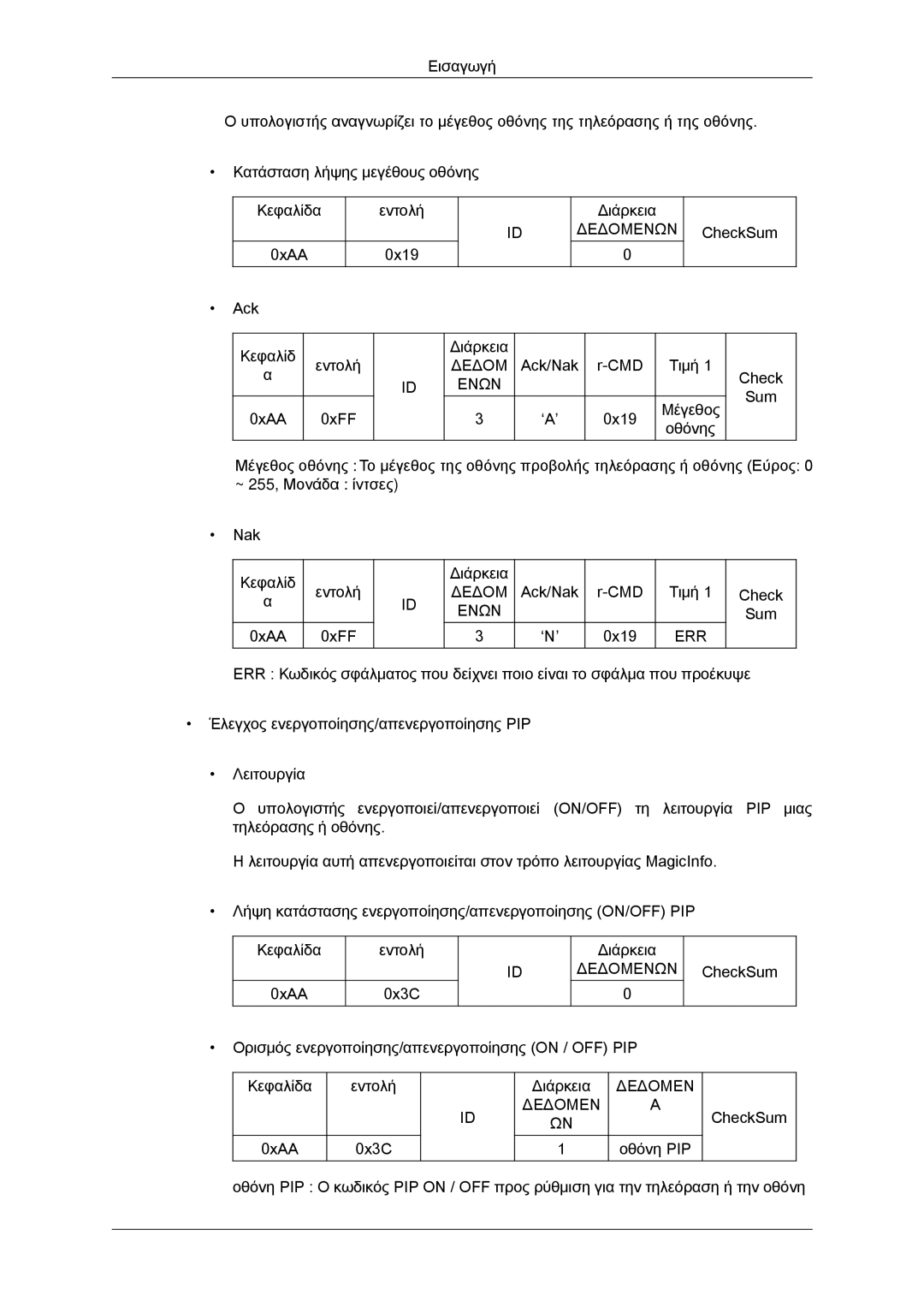 Samsung LH40GWPLBC/EN, LH40GWTLBC/EN, LH40GWSLBC/EN, LH46GWPLBC/EN, LH46GWSLBC/EN manual 0xAA 0xFF ‘N’ 0x19 