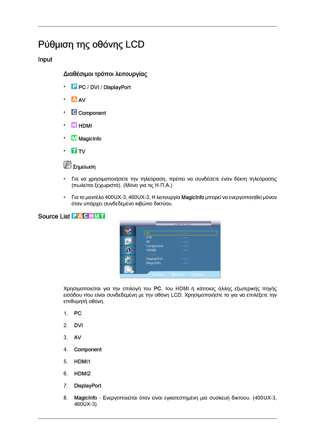 Samsung LH46GWPLBC/EN, LH40GWTLBC/EN Input Διαθέσιμοι τρόποι λειτουργίας, Source List, PC / DVI / DisplayPort Component 