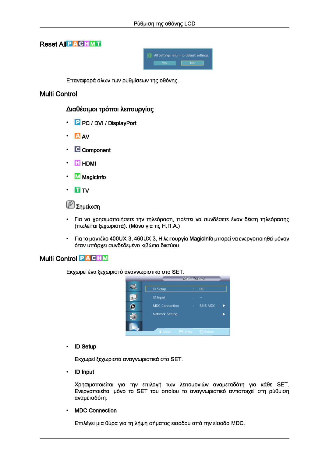 Samsung LH46GWSLBC/EN manual Reset All, Multi Control Διαθέσιμοι τρόποι λειτουργίας, ID Setup, ID Input, MDC Connection 