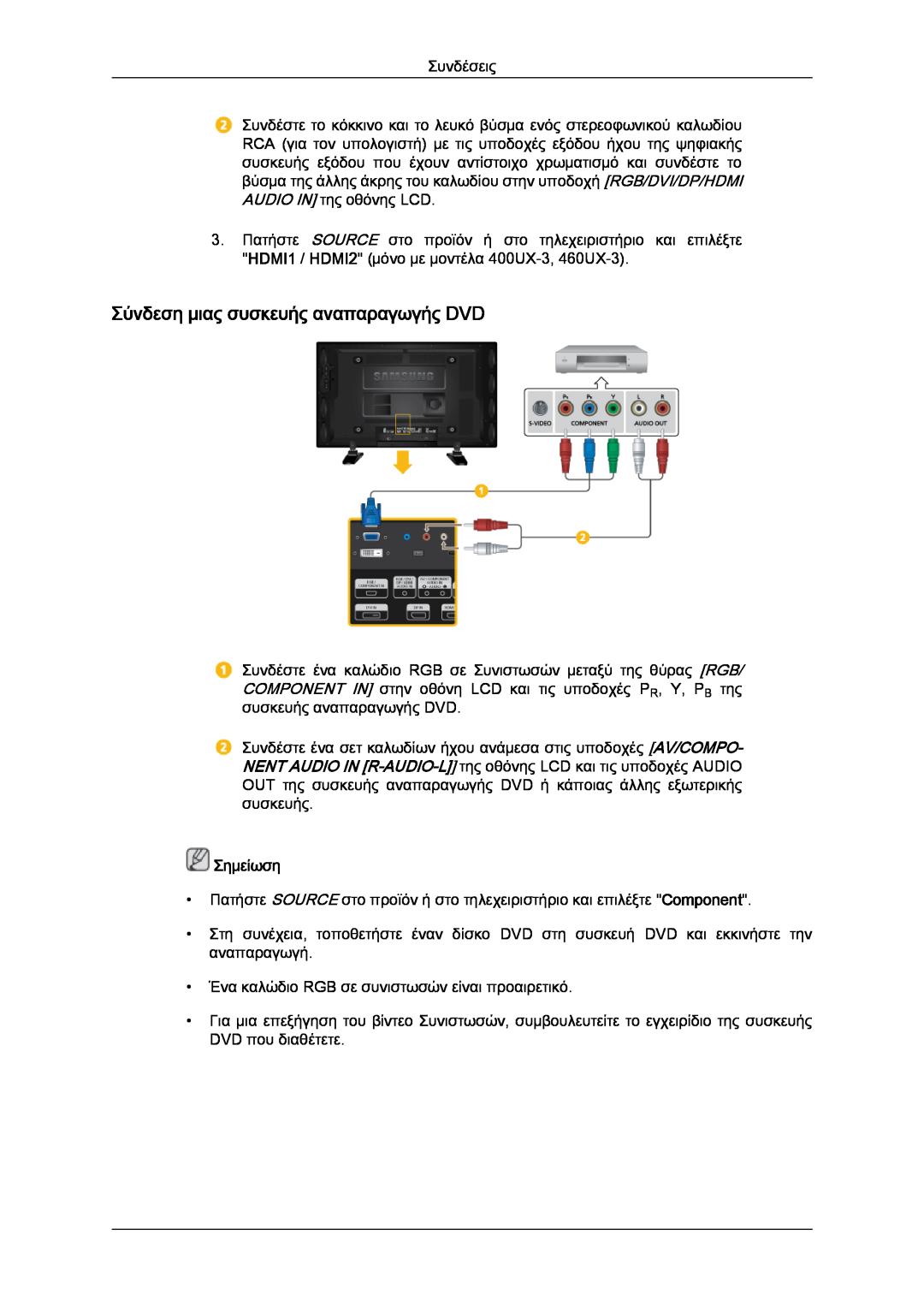 Samsung LH40GWPLBC/EN, LH40GWTLBC/EN, LH40GWSLBC/EN, LH46GWPLBC/EN manual Σύνδεση μιας συσκευής αναπαραγωγής DVD, Σημείωση 