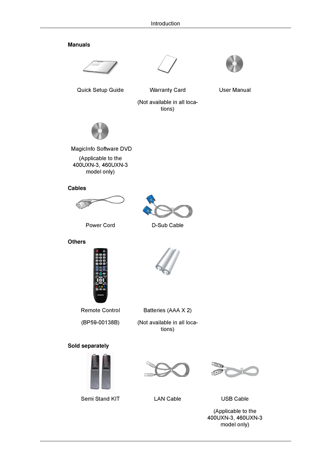 Samsung LH46GWSLBC/XJ, LH40GWTLBC/EN, LH40GWSLBC/EN, LH46GWPLBC/EN, LH40GWPLBC/EN Manuals, Cables, Others, Sold separately 