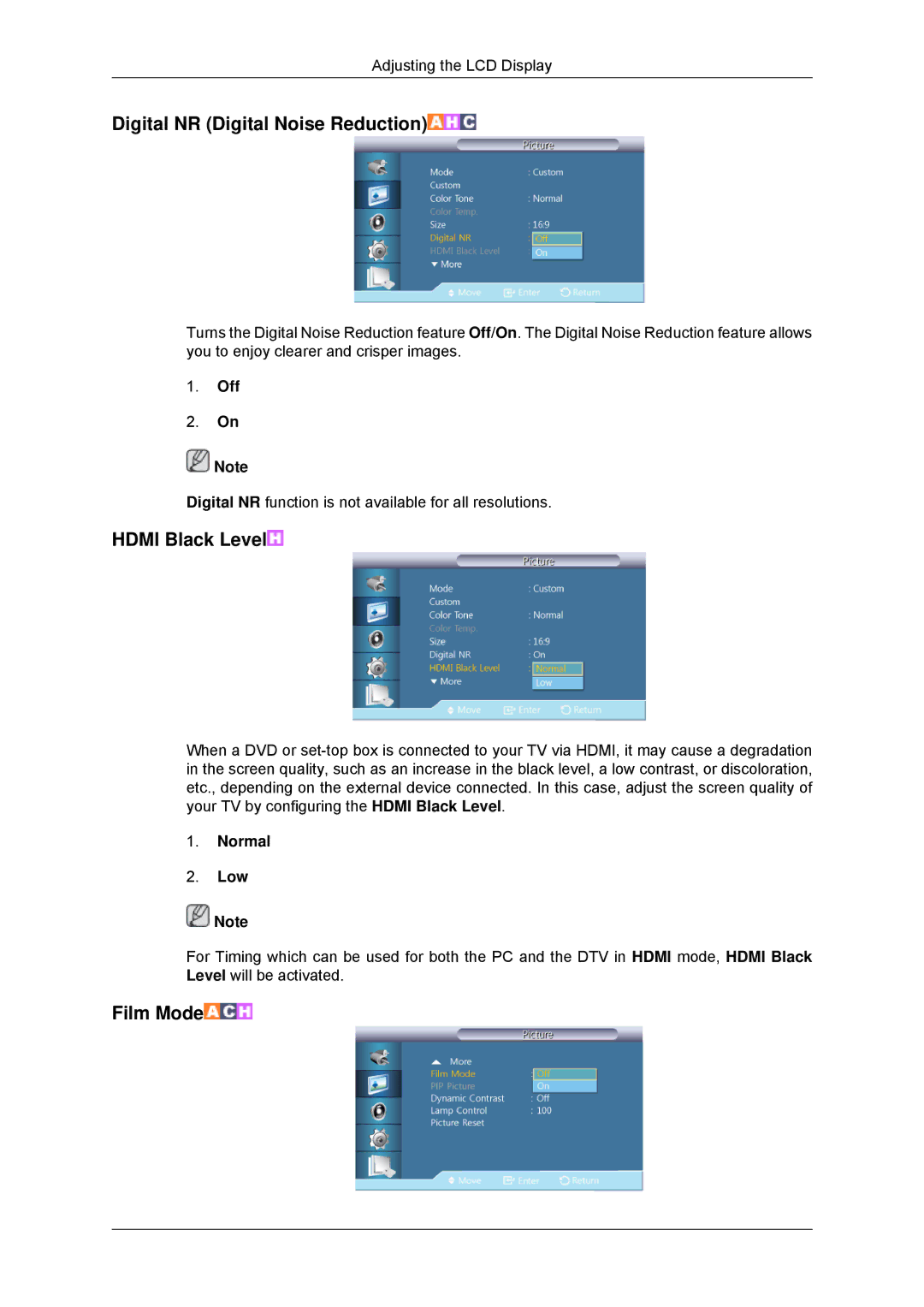 Samsung LH46GWPLBC/XY, LH40GWTLBC/EN manual Digital NR Digital Noise Reduction, Hdmi Black Level, Film Mode, Normal Low 