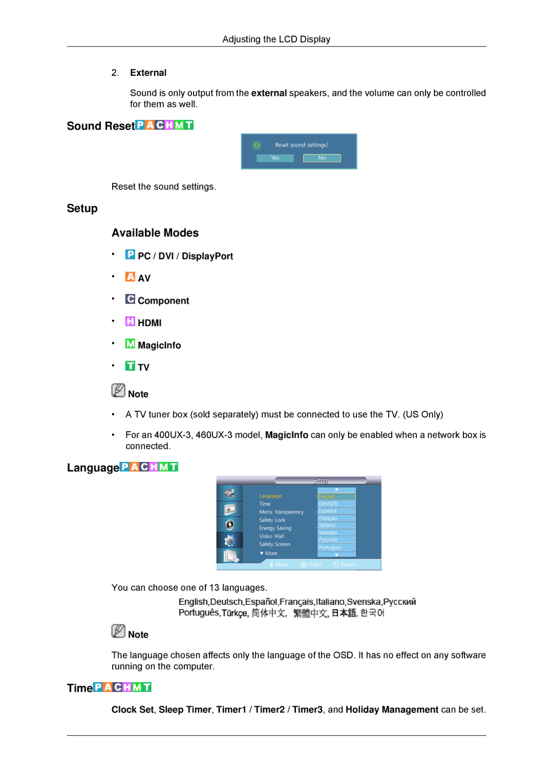 Samsung LH46GWPLBC/ZA, LH40GWTLBC/EN, LH40GWSLBC/EN manual Sound Reset, Setup Available Modes, Language, Time, External 