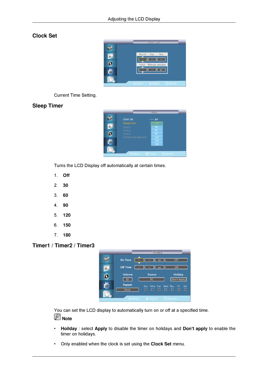 Samsung LH40GWSLBC/SM, LH40GWTLBC/EN, LH40GWSLBC/EN, LH46GWPLBC/EN manual Clock Set, Sleep Timer, Timer1 / Timer2 / Timer3 