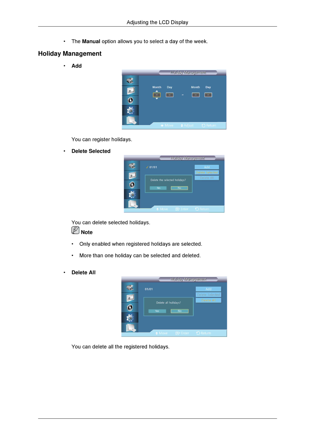 Samsung LH46GWSLBC/HD, LH40GWTLBC/EN, LH40GWSLBC/EN, LH46GWPLBC/EN manual Holiday Management, Add, Delete Selected, Delete All 