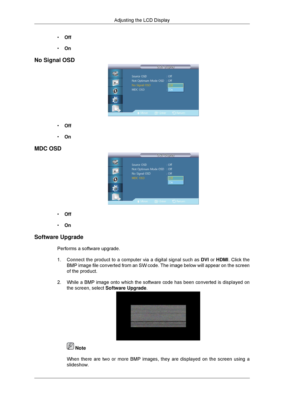 Samsung LH46GWPLBC/XJ, LH40GWTLBC/EN, LH40GWSLBC/EN, LH46GWPLBC/EN, LH40GWPLBC/EN manual No Signal OSD, Software Upgrade 