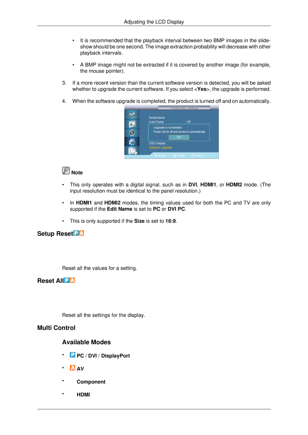 Samsung LH40GWSLBC/XJ, LH40GWTLBC/EN, LH40GWSLBC/EN, LH46GWPLBC/EN Setup Reset, Reset All, Multi Control Available Modes 