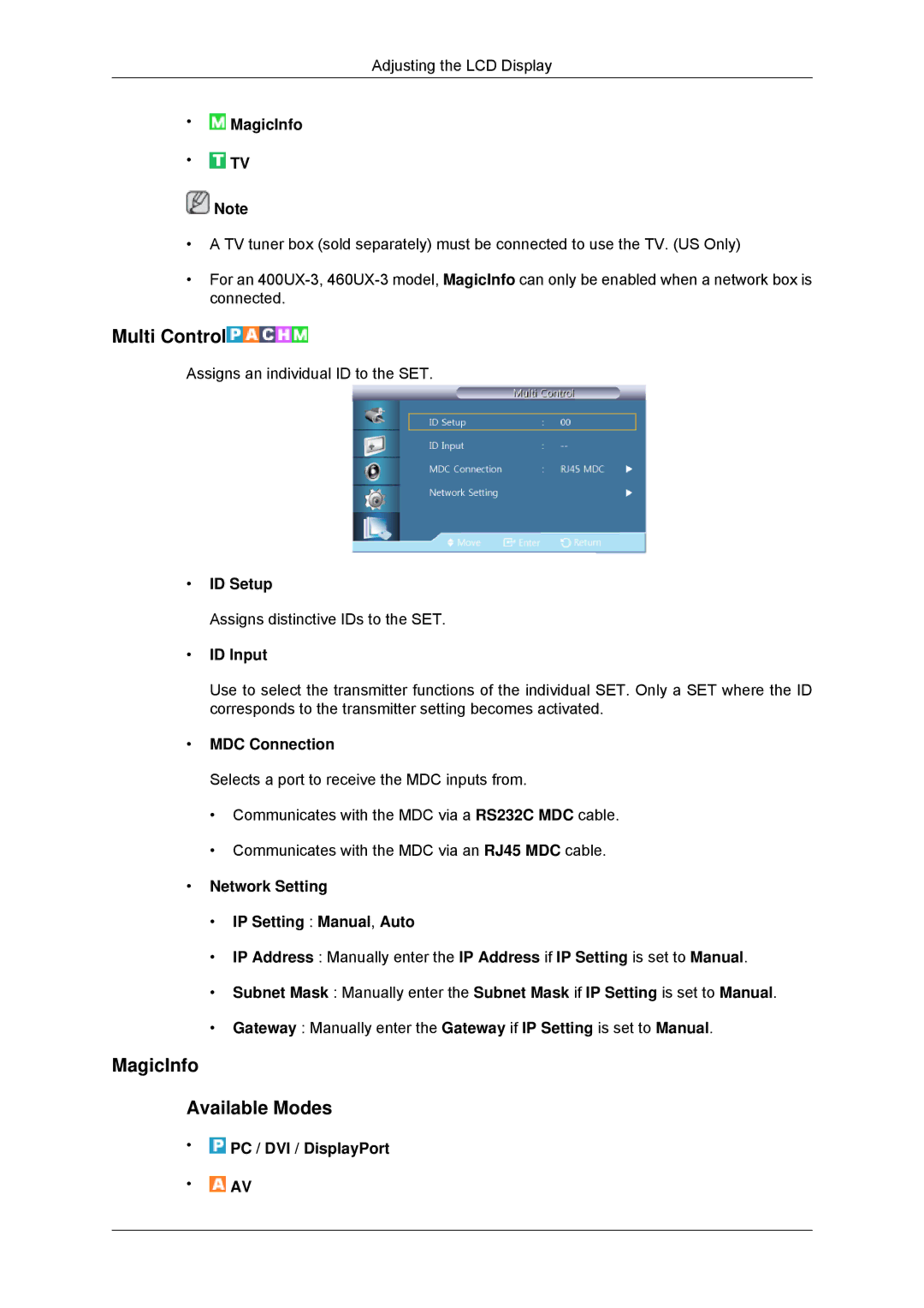 Samsung LH46GWTLBC/XJ, LH40GWTLBC/EN manual Multi Control, MagicInfo Available Modes, ID Setup, ID Input, MDC Connection 