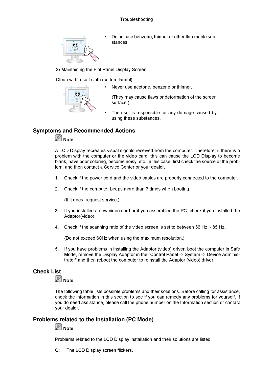 Samsung LH40GWTLBC/XY manual Symptoms and Recommended Actions, Check List, Problems related to the Installation PC Mode 