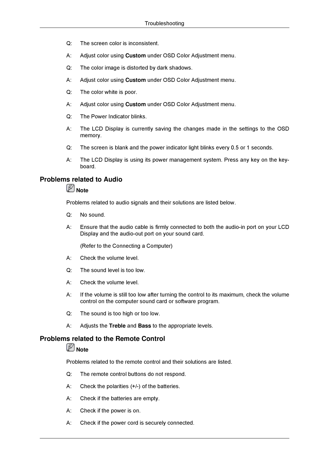 Samsung LH46GWPLBC/XY, LH40GWTLBC/EN, LH40GWSLBC/EN manual Problems related to Audio, Problems related to the Remote Control 