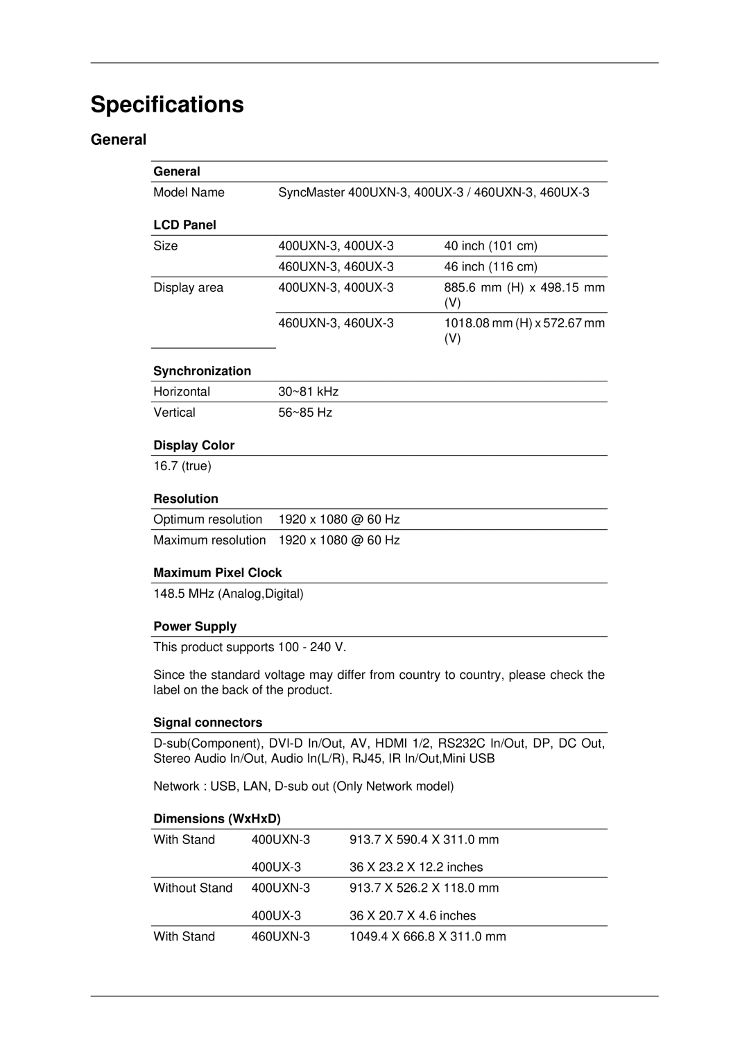 Samsung LH46GWSLBC/NG, LH40GWTLBC/EN, LH40GWSLBC/EN, LH46GWPLBC/EN, LH40GWPLBC/EN, LH46GWTLBC/EN, LH46GWSLBC/EN manual General 