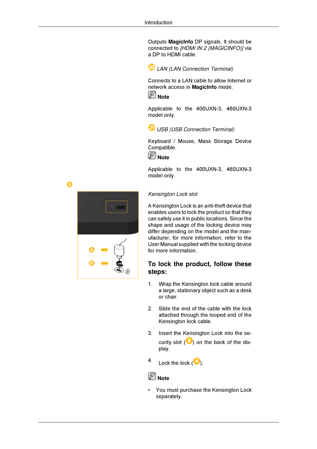 Samsung LH46GWPLBC/XY, LH40GWTLBC/EN, LH40GWSLBC/EN To lock the product, follow these steps, LAN LAN Connection Terminal 