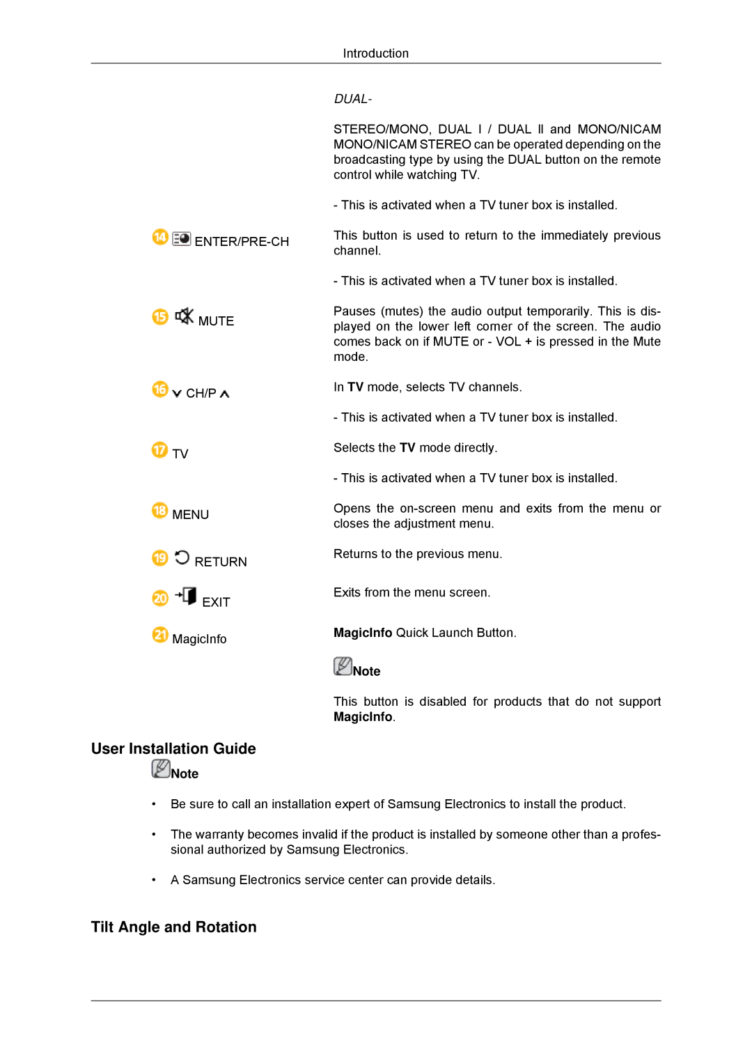 Samsung LH46GWSLBC/SM, LH40GWTLBC/EN, LH40GWSLBC/EN manual User Installation Guide, Tilt Angle and Rotation, MagicInfo 