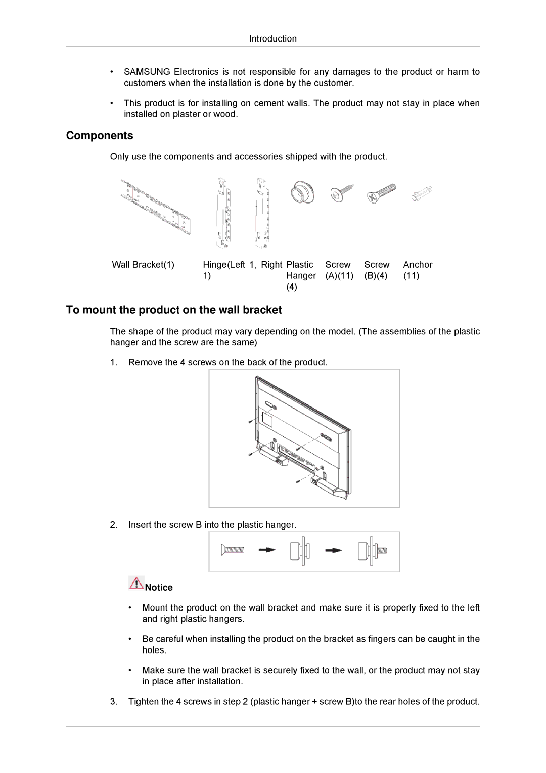 Samsung LH46GWPLBC/XS, LH40GWTLBC/EN, LH40GWSLBC/EN, LH46GWPLBC/EN manual Components, To mount the product on the wall bracket 