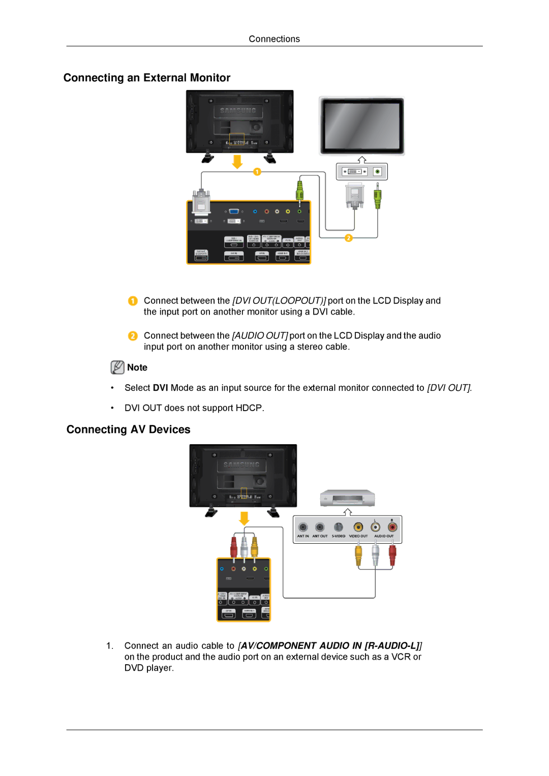 Samsung LH40GWTLBC/ZA, LH40GWTLBC/EN, LH40GWSLBC/EN, LH46GWPLBC/EN Connecting an External Monitor, Connecting AV Devices 