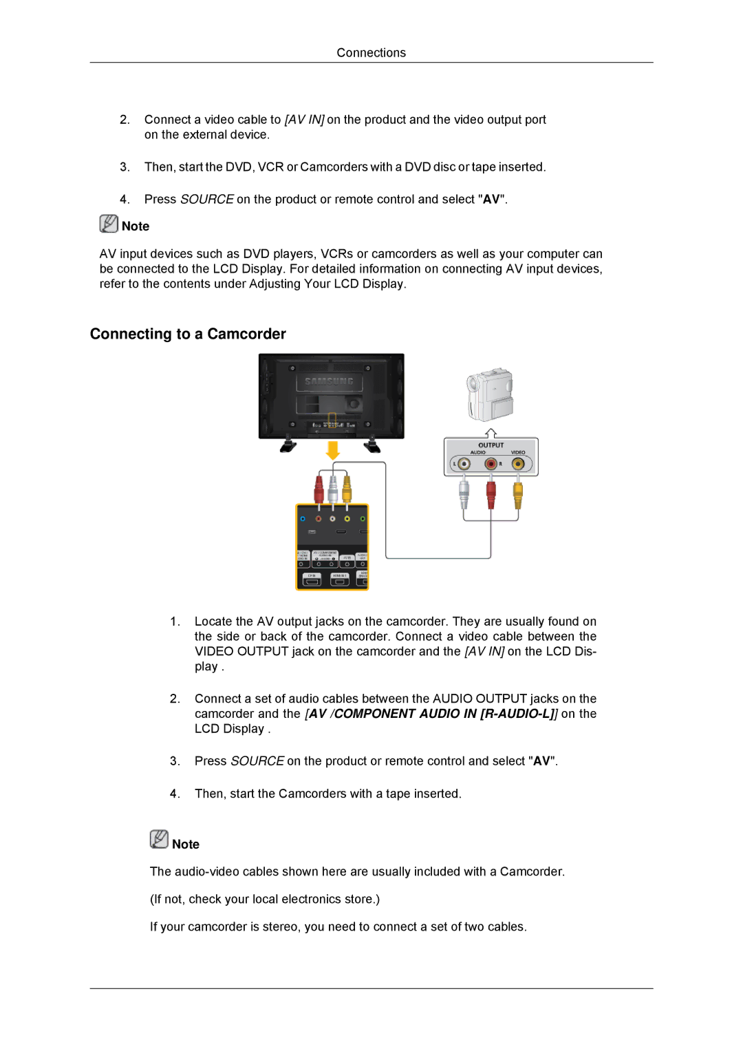 Samsung LH40GWPLBC/XY, LH40GWTLBC/EN, LH40GWSLBC/EN, LH46GWPLBC/EN, LH40GWPLBC/EN, LH46GWTLBC/EN Connecting to a Camcorder 