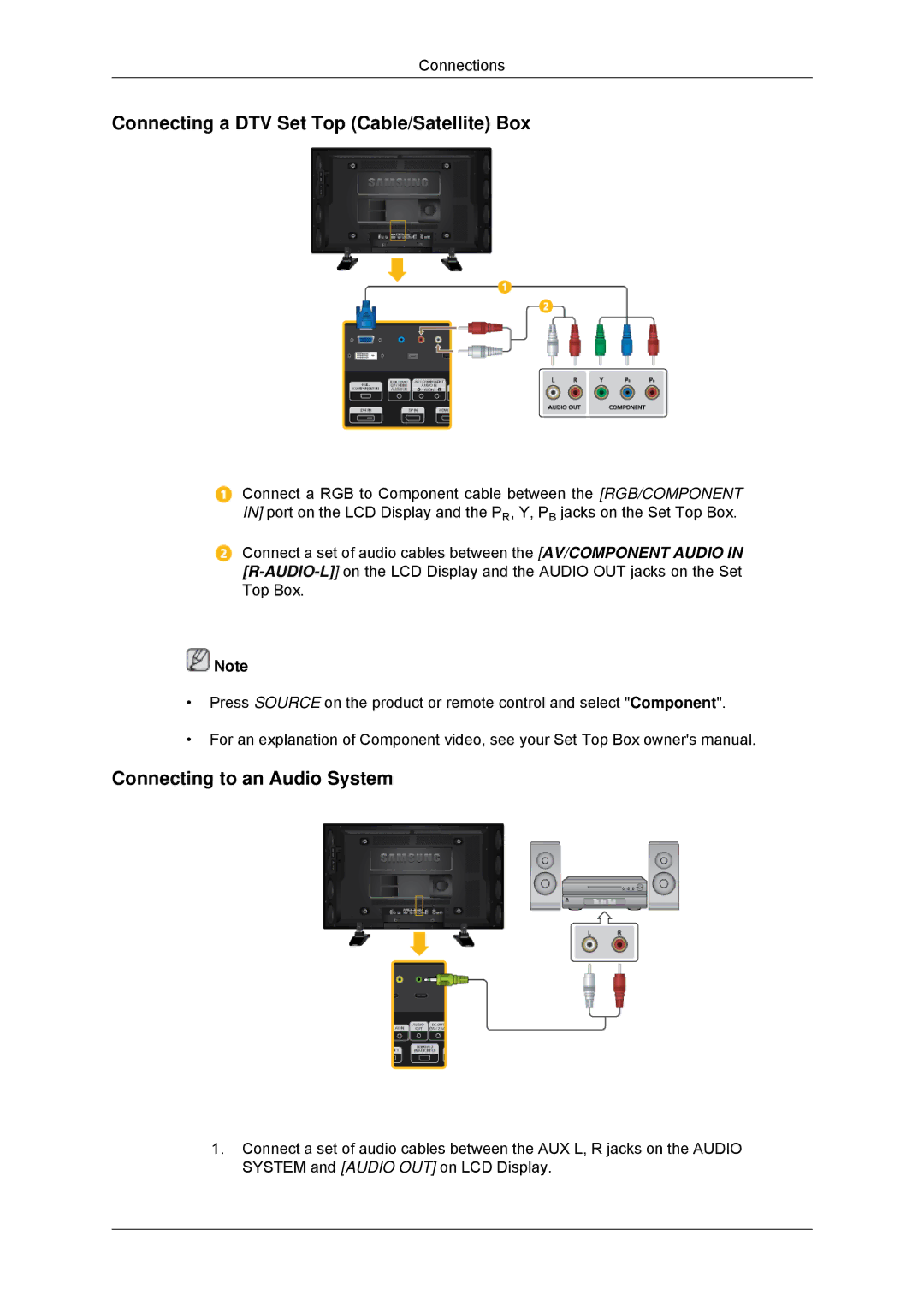 Samsung LH46GWPLBC/XY, LH40GWTLBC/EN manual Connecting a DTV Set Top Cable/Satellite Box, Connecting to an Audio System 