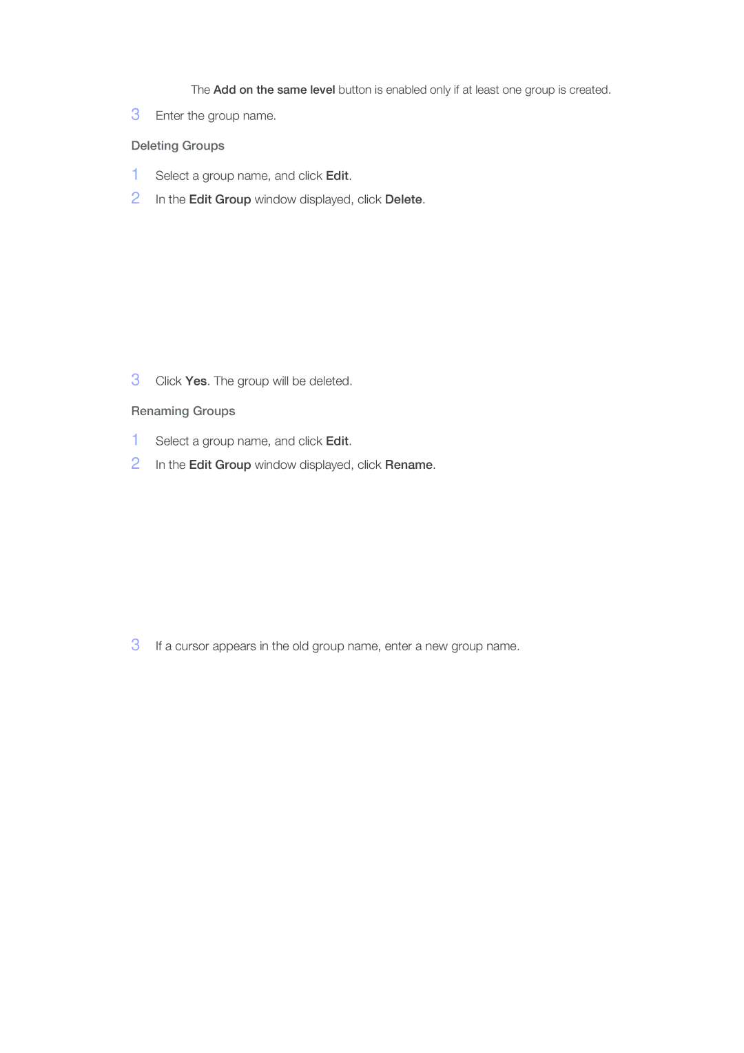 Samsung LH46GWSLBC/ZA, LH40GWTLBC/EN, LH40GWSLBC/EN, LH46GWPLBC/EN, LH40GWPLBC/EN manual Deleting Groups, Renaming Groups 