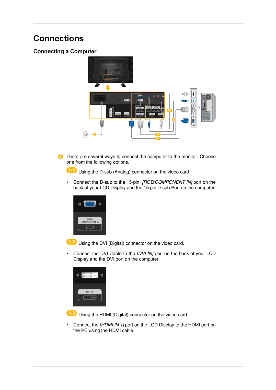 Samsung LH40GWPLBC/XY, LH40GWTLBC/EN, LH40GWSLBC/EN, LH46GWPLBC/EN, LH40GWPLBC/EN manual Connections, Connecting a Computer 